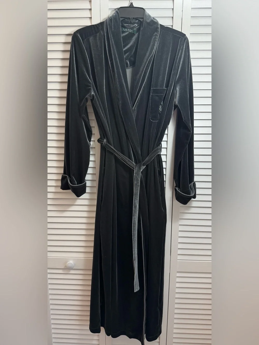 Lauren Ralph Lauren Robe Embroidered Velvet Long Wrap Size Medium Grey